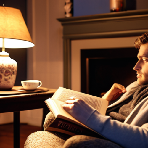 **A cozy living room scene at dusk. Soft lighting illuminates a person reading a book in an armchair, a steaming cup of tea on the side table. No visible electronic devices.** (Focus: Relaxing atmosphere, reading, comfortable setting)