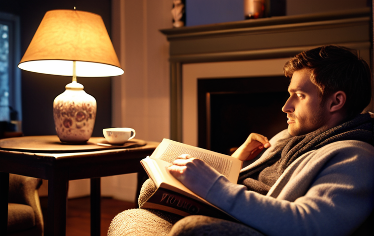 **A cozy living room scene at dusk. Soft lighting illuminates a person reading a book in an armchair, a steaming cup of tea on the side table. No visible electronic devices.** (Focus: Relaxing atmosphere, reading, comfortable setting)